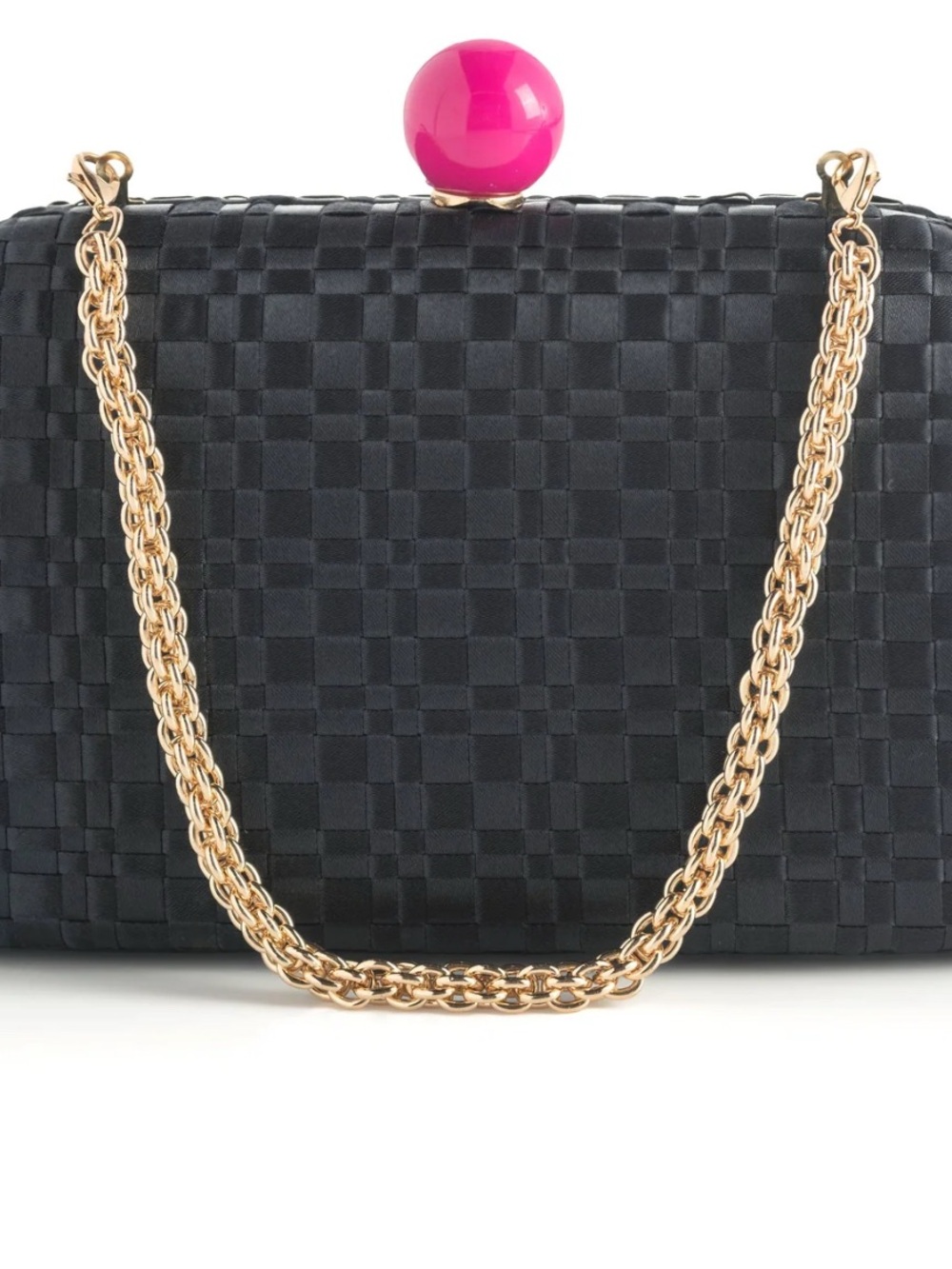 Shiraleah Black Woven Evening Clutch with Gold Chains and Pink Accent